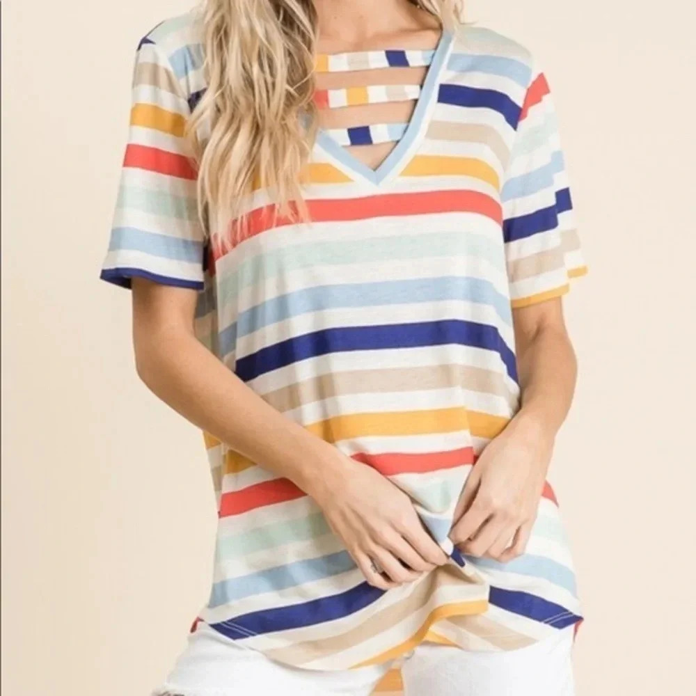 MWT bibi Boutique colorful bright Striped Knit top with Strappy V-Neck beach